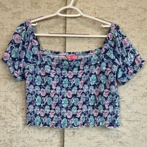 Simply Southern Crop Smocked Puff Sleeve Shirred Top Sz XXL Sea Shells Beach